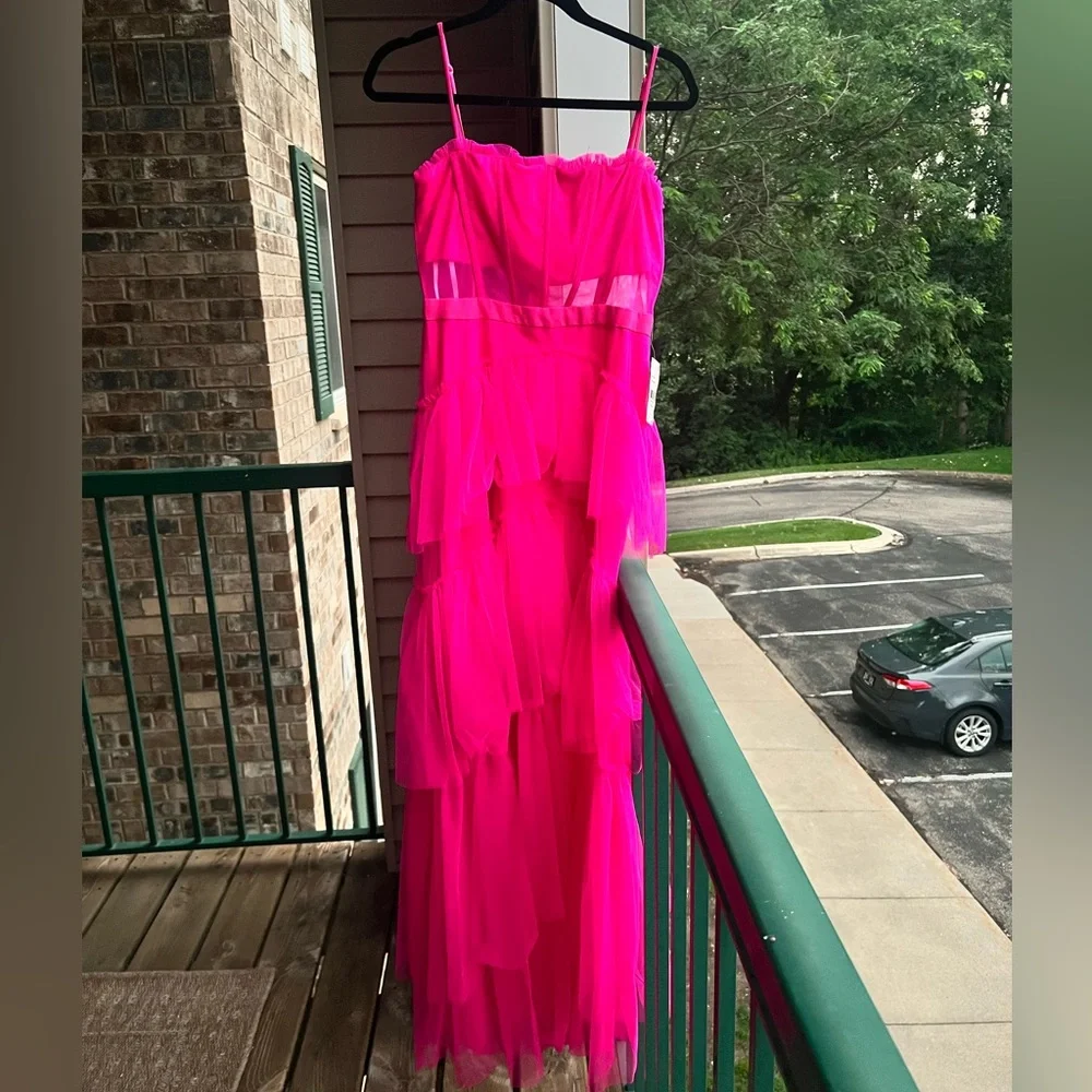 π π NEXT/UP Neon Pink Mesh Tiered Gown Corset Bodice Party 2 Sizes 9/10 & 11/12 - Picture 3 of 17